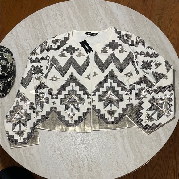 Express Jackets & Blazers - NWT Express Sequin Bronze Gold Ivory Stretch Open Drape Light Crop Blazer *S